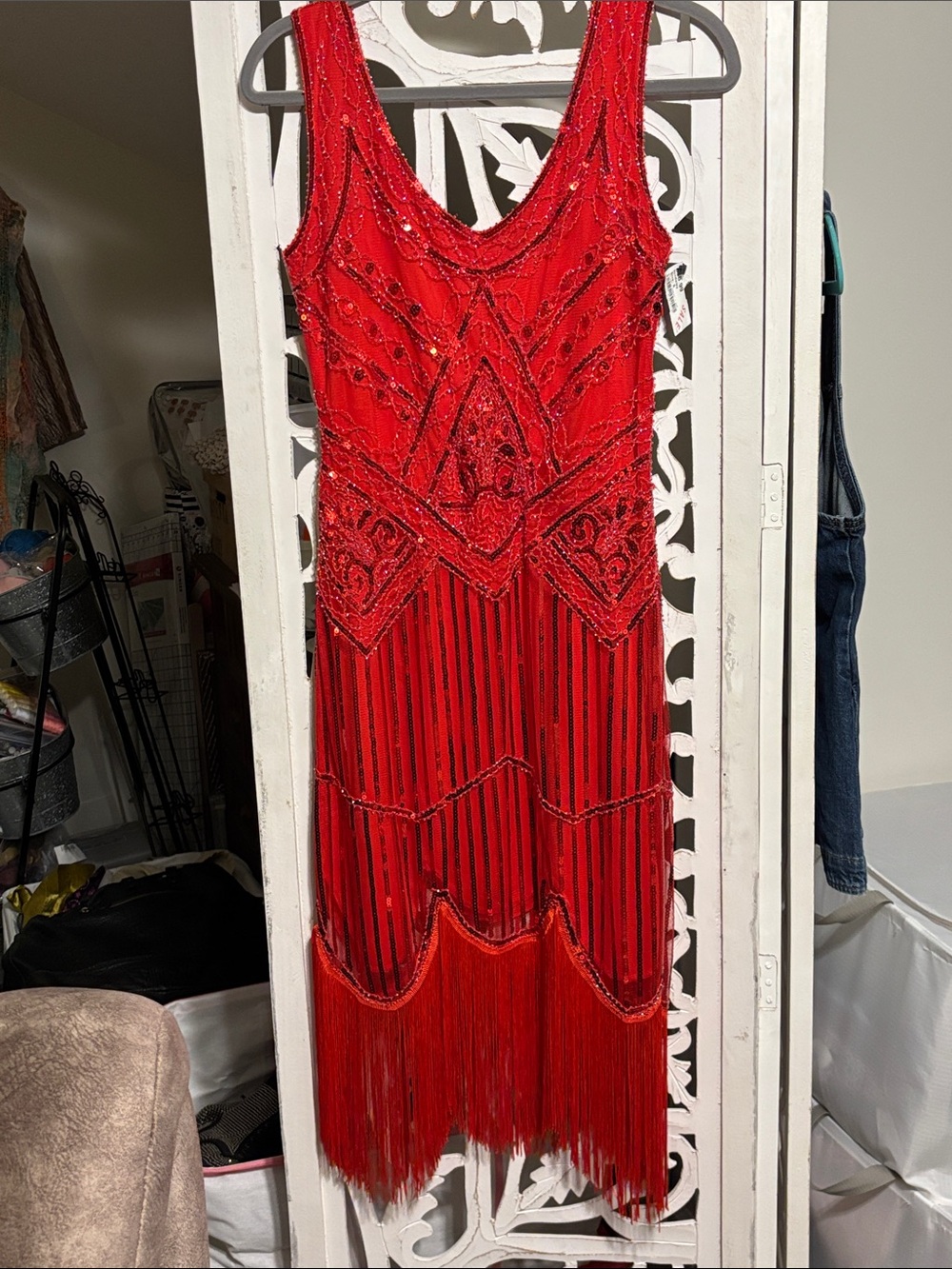 Vintage-Inspired Red Beaded Fringe Dress